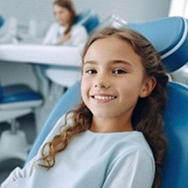 Closeup of child smiling in blue treatment chair