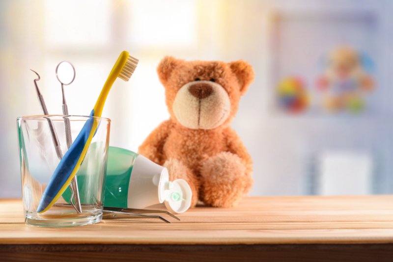 Teddy bear and oral hygiene supplies; children’s dentistry