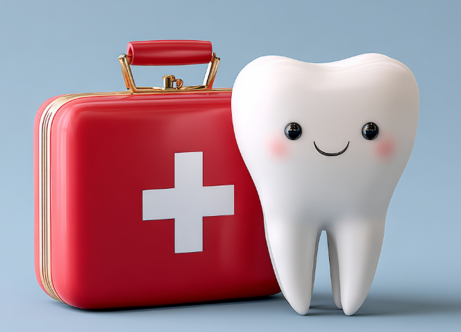 3D cartoon of a tooth and first aid kit